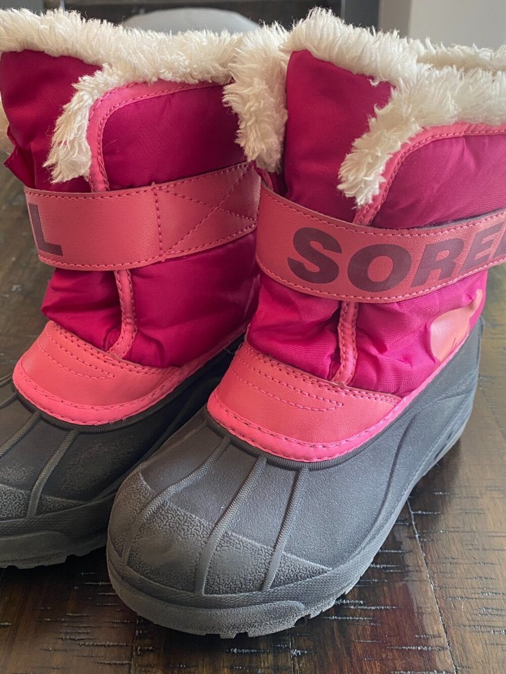 Sorel Snow Commander Kids Size 12 Pink Black Winter Boots Faux Fur Waterproof
